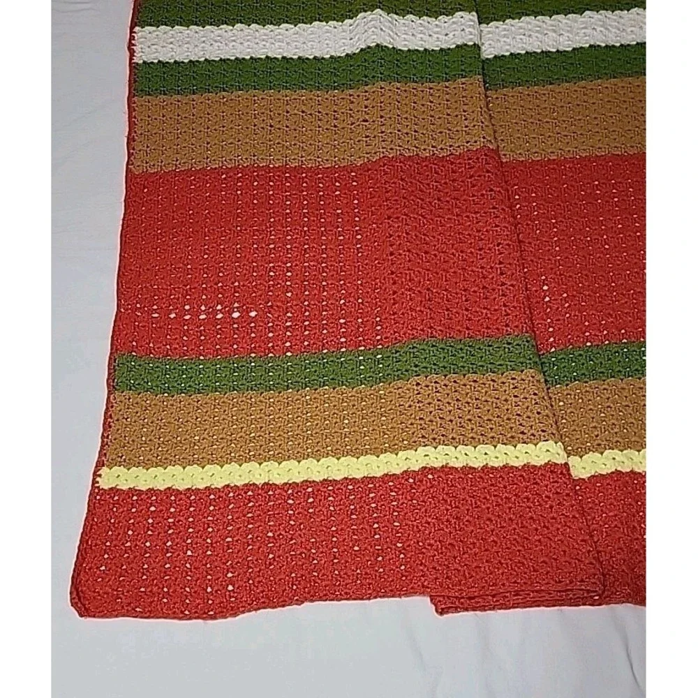 Large Handmade Crocheted Afghan, Orange Yellow Brown Green Stripes, 56‎ X 72